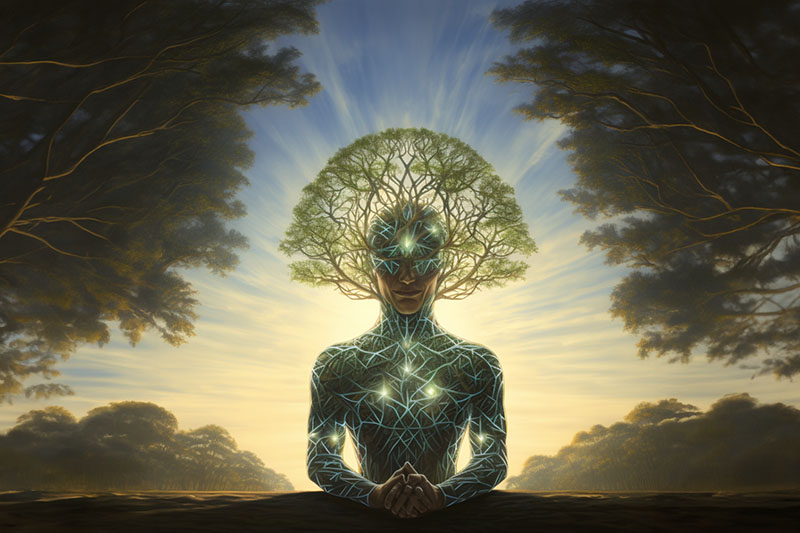 En människokropp med upplysta nervsystem och en trädkrona som växer ur dess huvud i en naturmiljö, grafisk illustration.