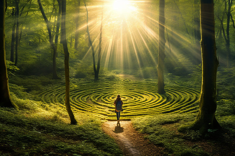 En människa som står mitt i skogen framför en labyrint. I bakgrunden tittar solstrålar fram.