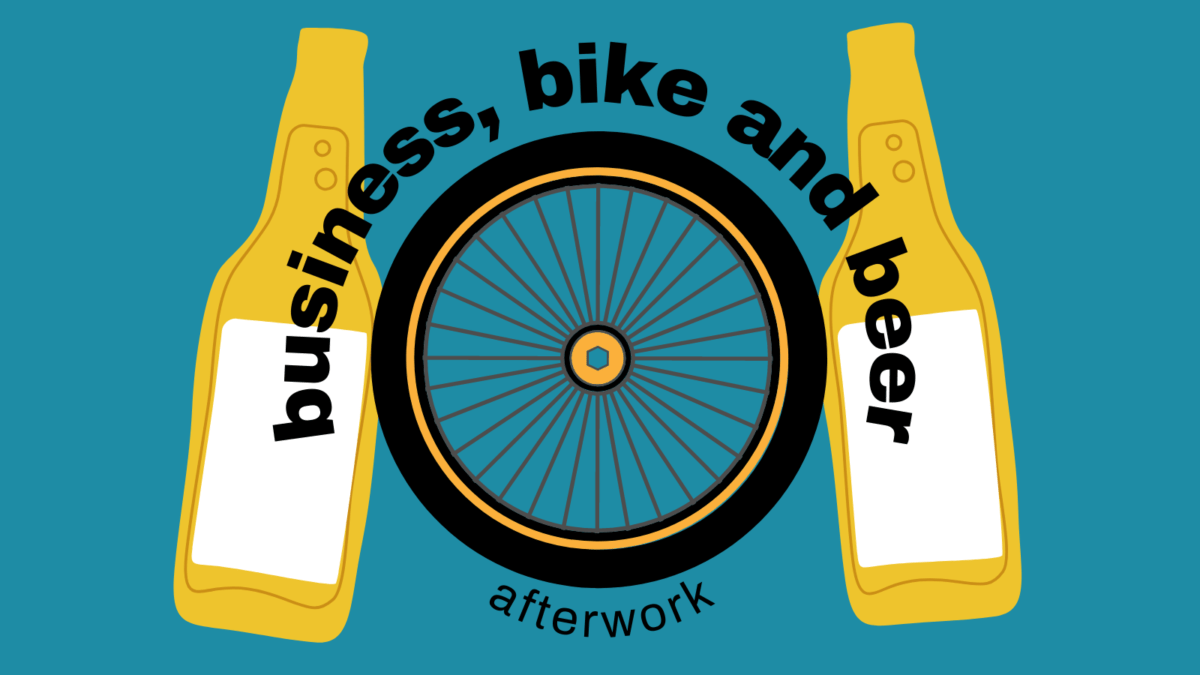 Ett cykelhjul och två ölflaskor samt texten business bike and beer afterwork, grafisk illustration.